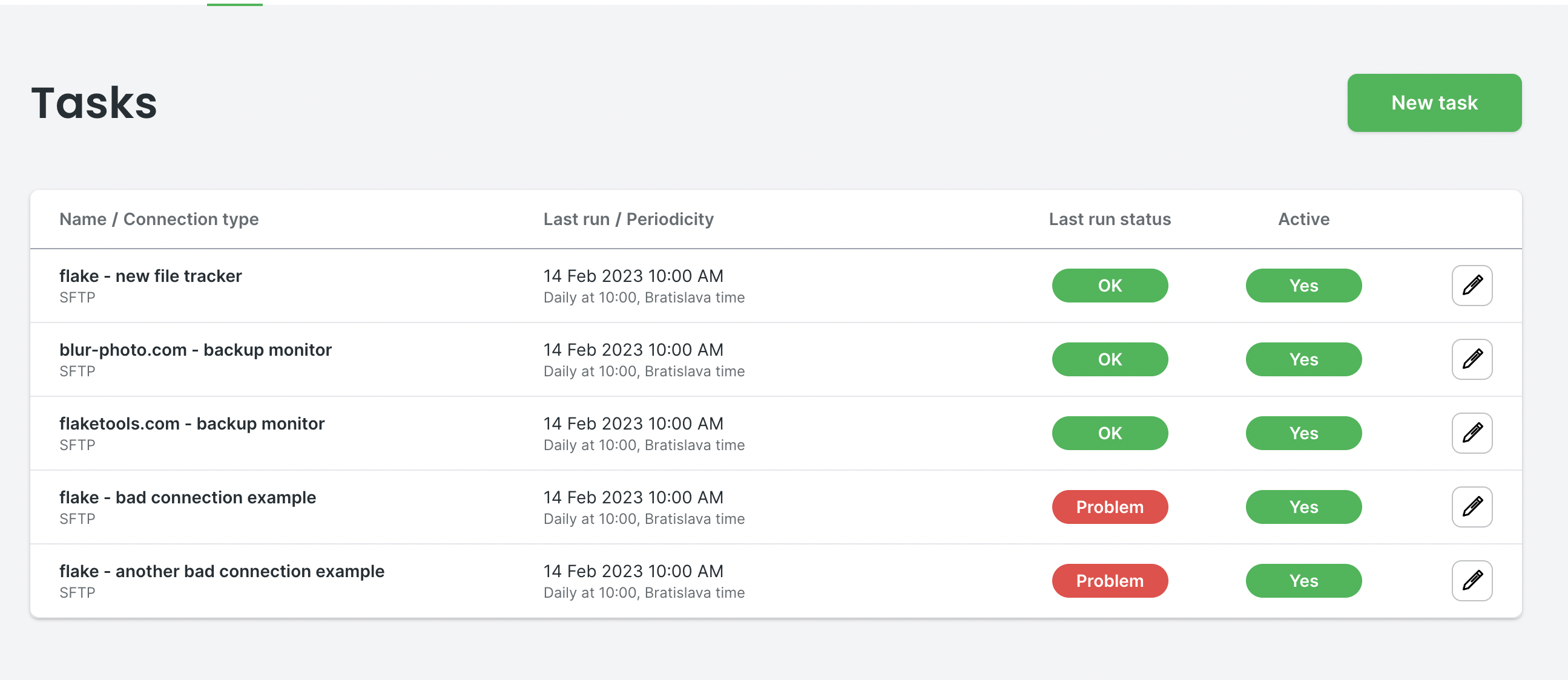SFTP Tasks table